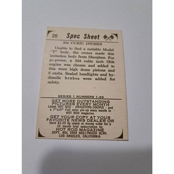 Vintage 1965 Hot Rod Magazine Spec Sheet #28 Trading Card 334 Cubic Inches - Picture 2 of 2